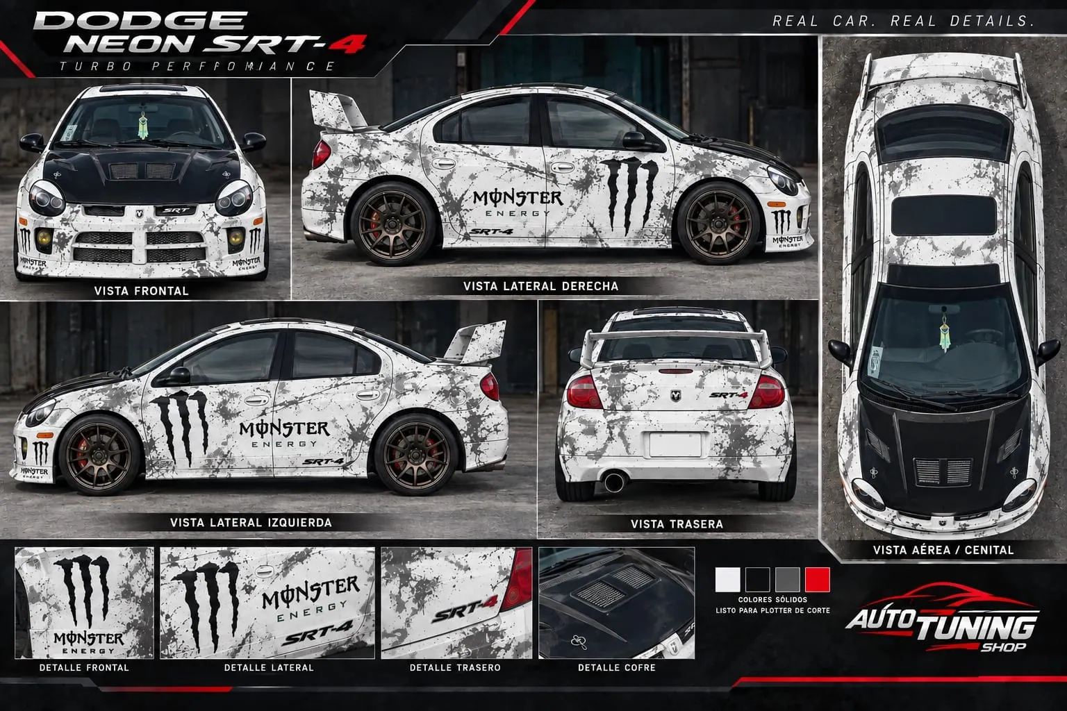 Propuesta de diseño para Dodge Neon SRT-4: vistas frontal, laterales, trasera y aérea con gráficos estilo Monster Energy