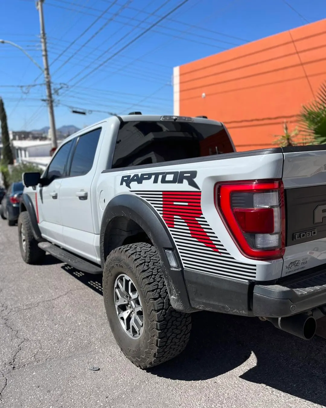 Ford Raptor gris con gráfico Raptor rojo en los costados