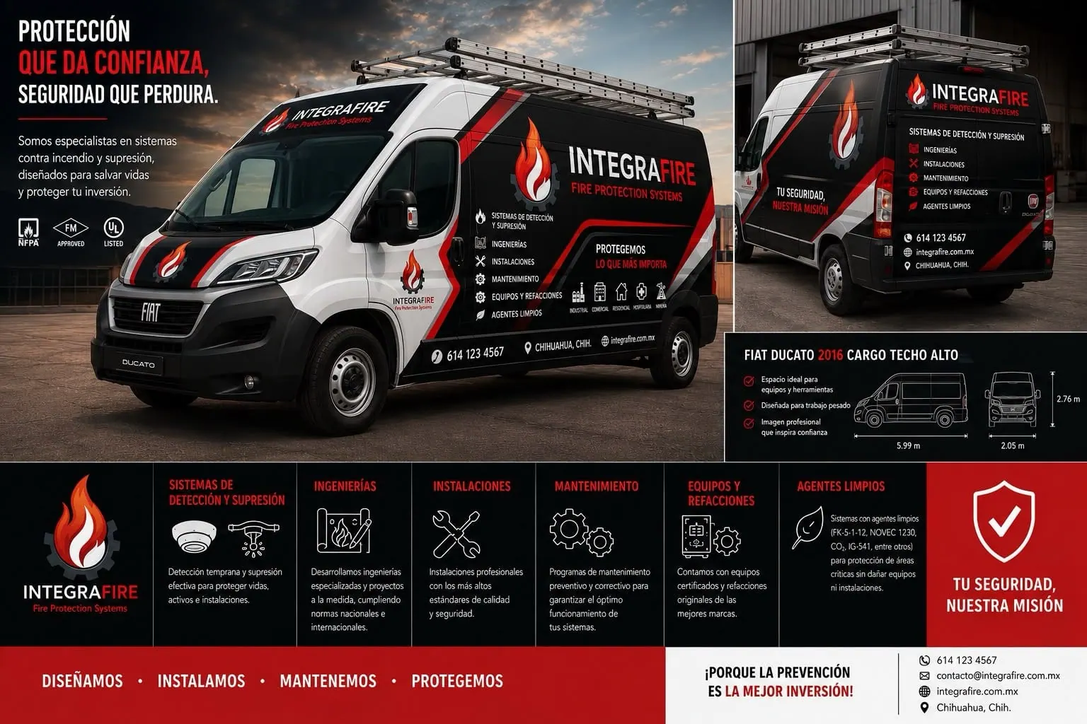 Propuesta de rotulación para IntegraFire: Fiat Ducato en negro, blanco y rojo con lista de servicios
