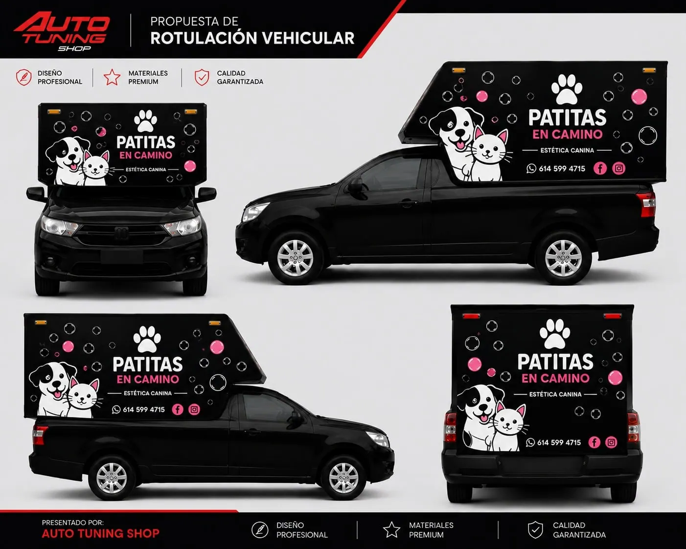 Propuesta de rotulación para Patitas en Camino: pickup con camper en vistas frontal, laterales y trasera
