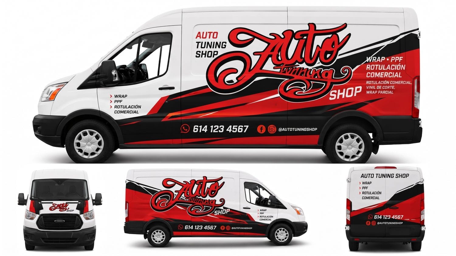Mockup de Partial Wrap en van, vista frontal, lateral y trasera