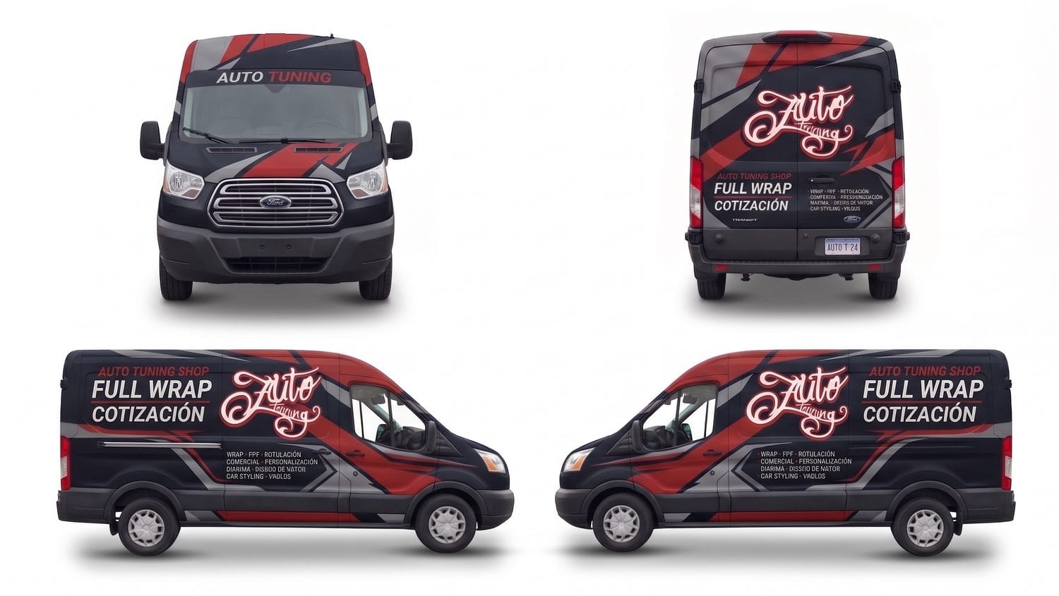 Mockup de Full Wrap en van, vista frontal, lateral y trasera